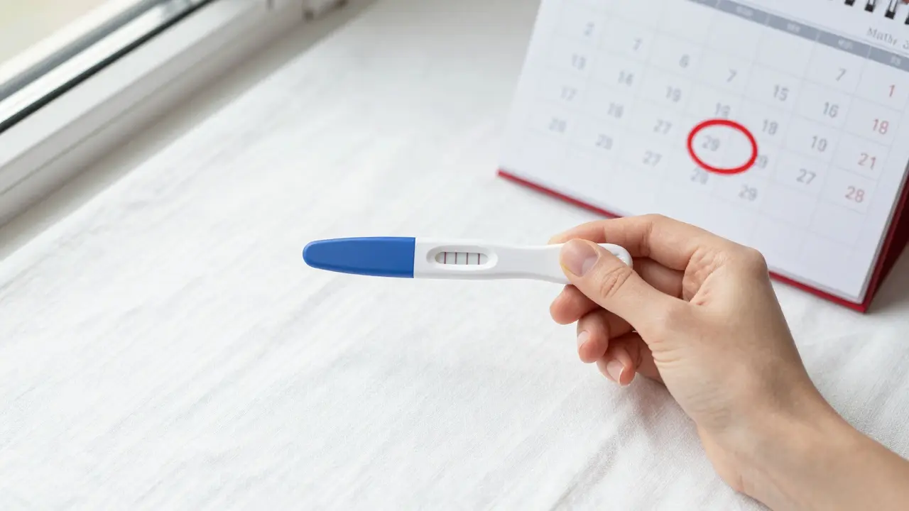 Těhotenský test a kalendář s poznamenaným datem na bílém lněném povrchu.