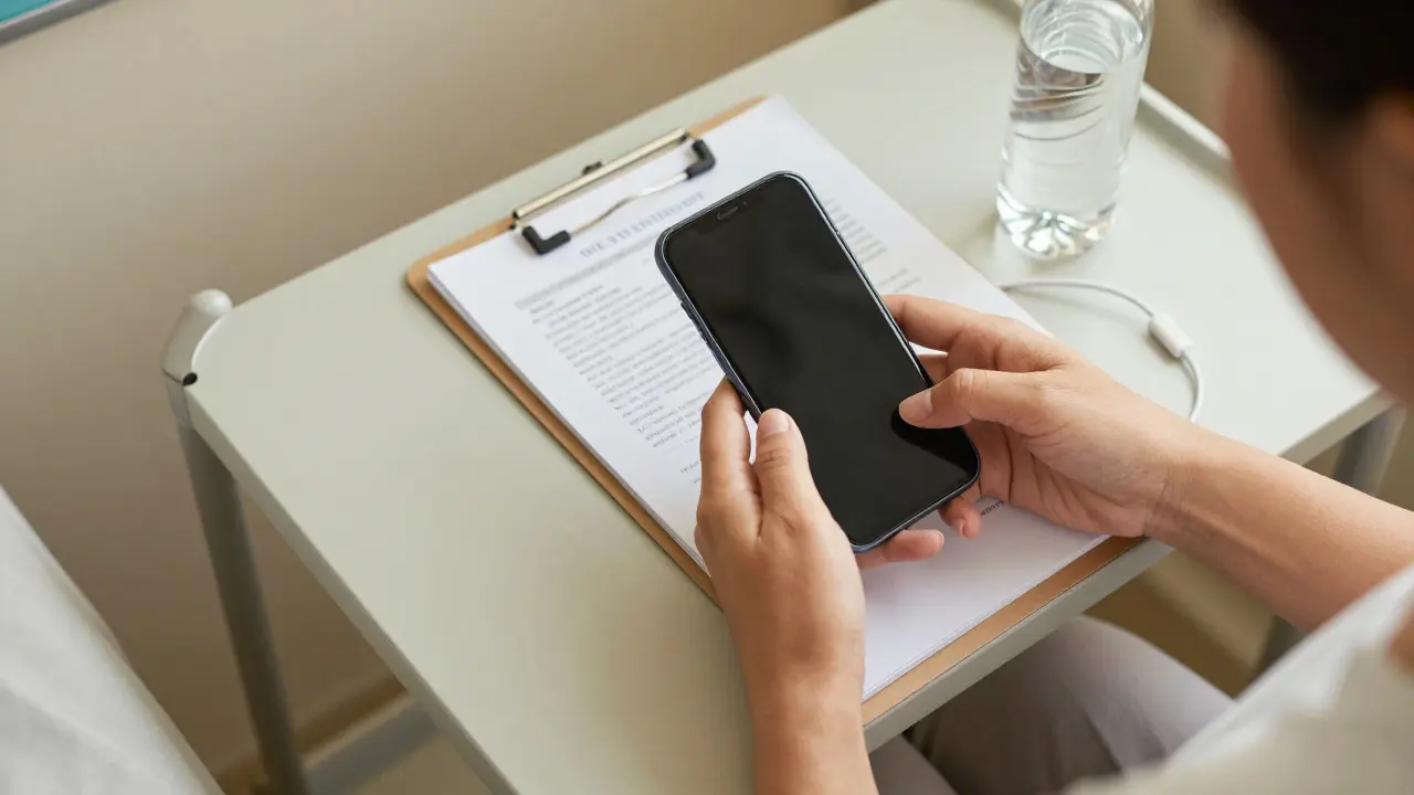 Telefon, nabíječka a zdravotní dokumentace na stole v čekačce.