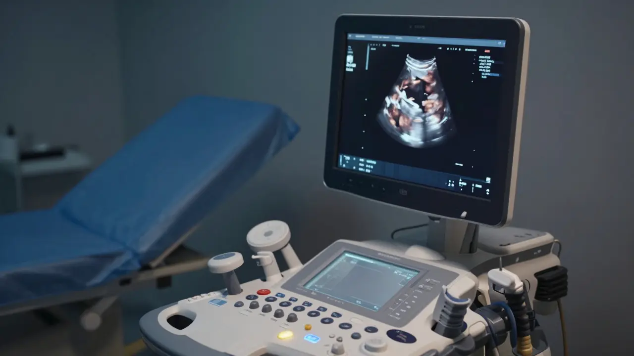 Ultrazvukový přístroj v polumraku vyšetřovny.