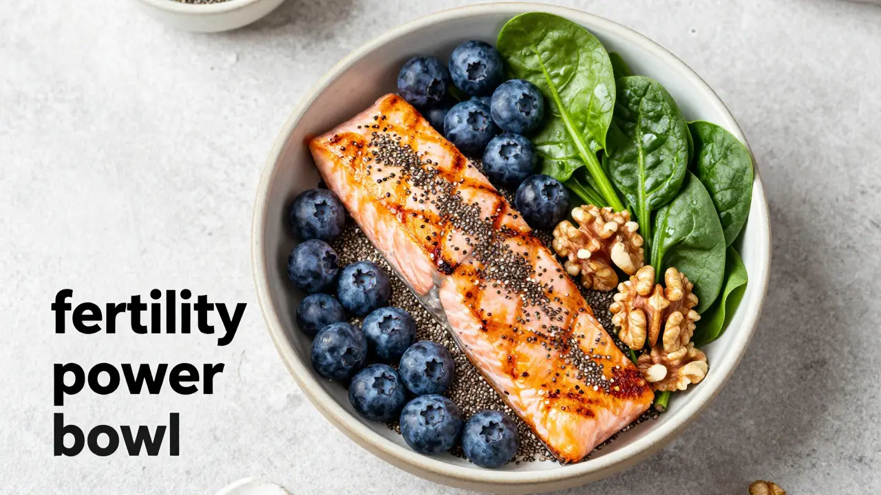 Zdravá miska s lososem, špenátkem a ořechy podporující plodnost.