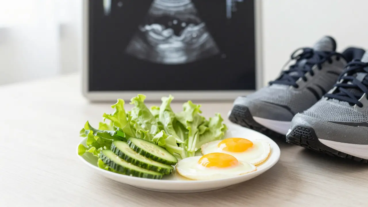 Zdravá strava a sportovní boty s ultrazvukem vaječníku v pozadí.