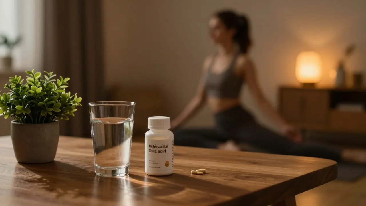 Zdravé doplňky stravy a žena cvičící jógu pro relaxaci