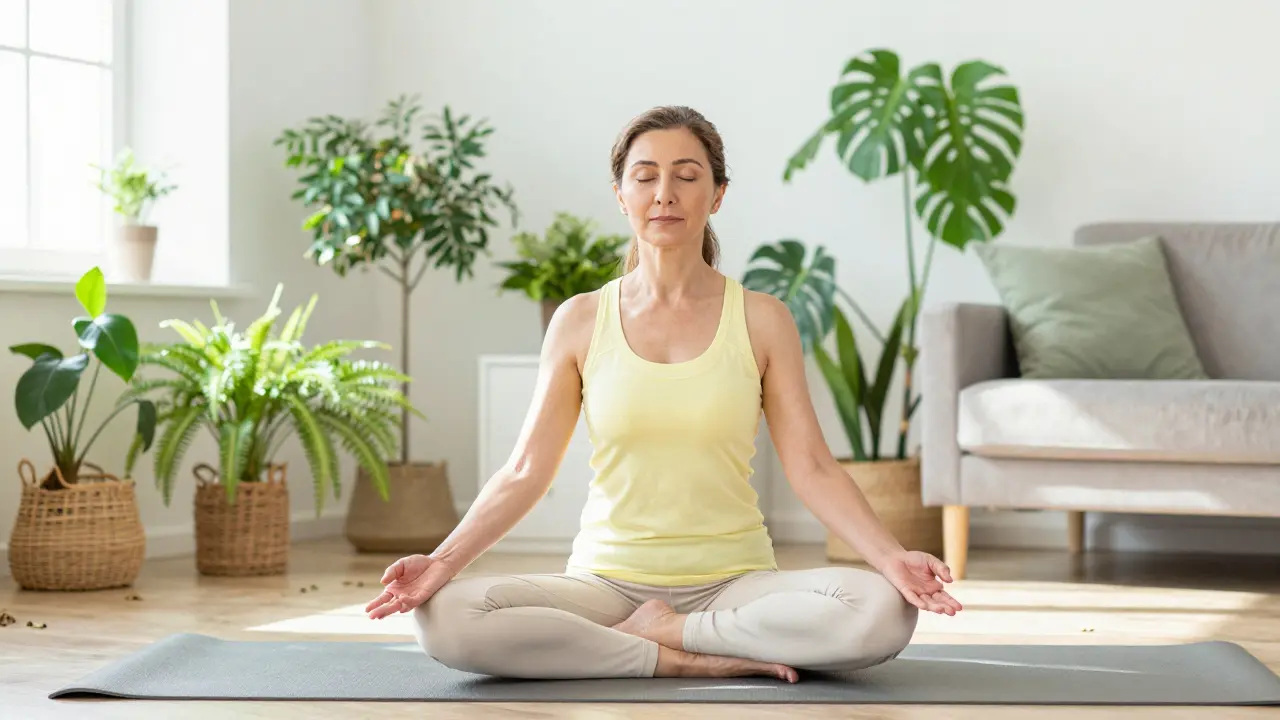Žena cvičící jógu v brightném obývacím pokoji, symbolizující kvalitu života a zotavení.