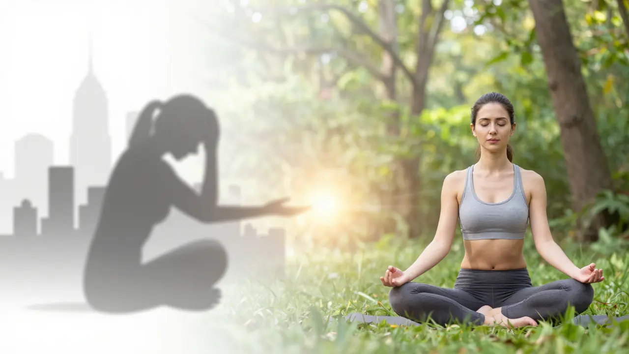 Žena meditující v lese jako symbol snížení stresu pro početí.