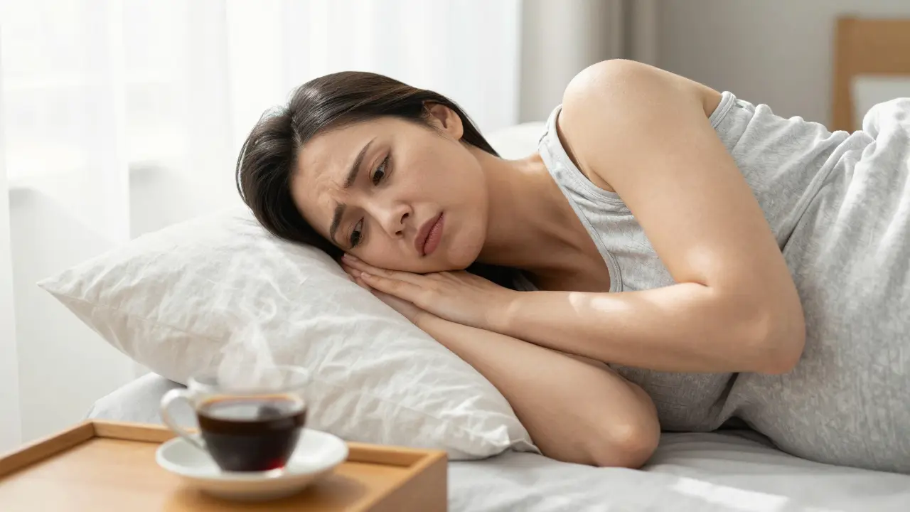 Žena odvracející pohled od kávy v brightlované spalni, znázornující citlivost na vůně.