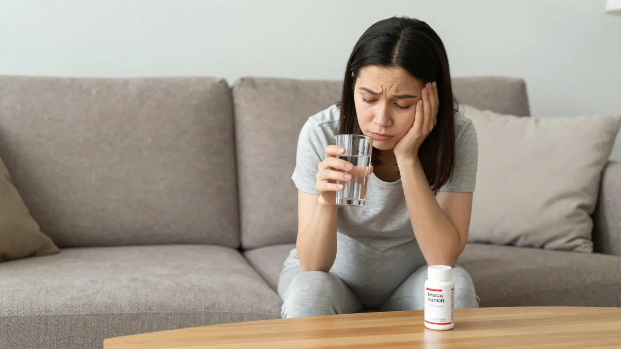 Žena s doplňky stravování na stole, znázornění péče o zdraví v počátku těhotenství.