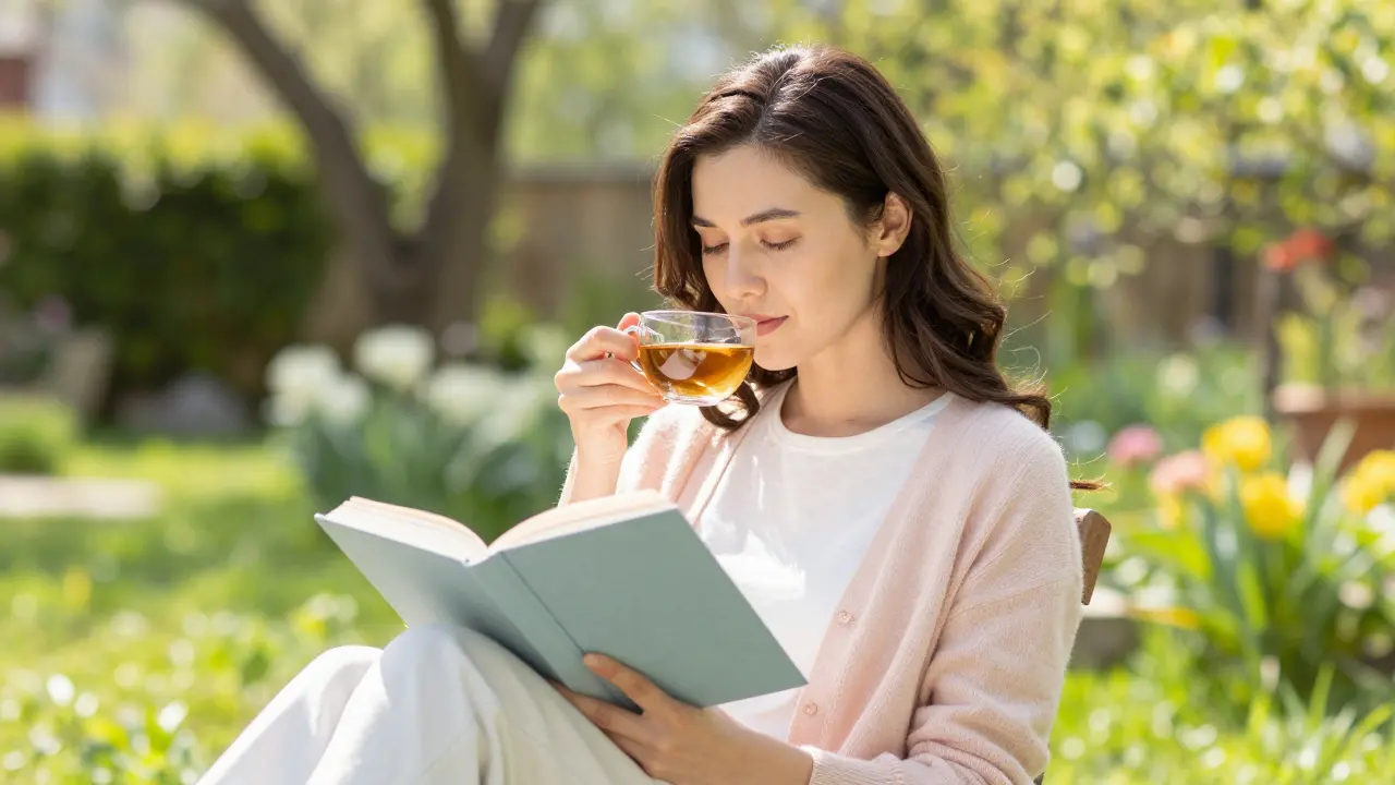 Žena v zahradě relaxuje a praktikuje digitální detox pro zmírnění stresu.