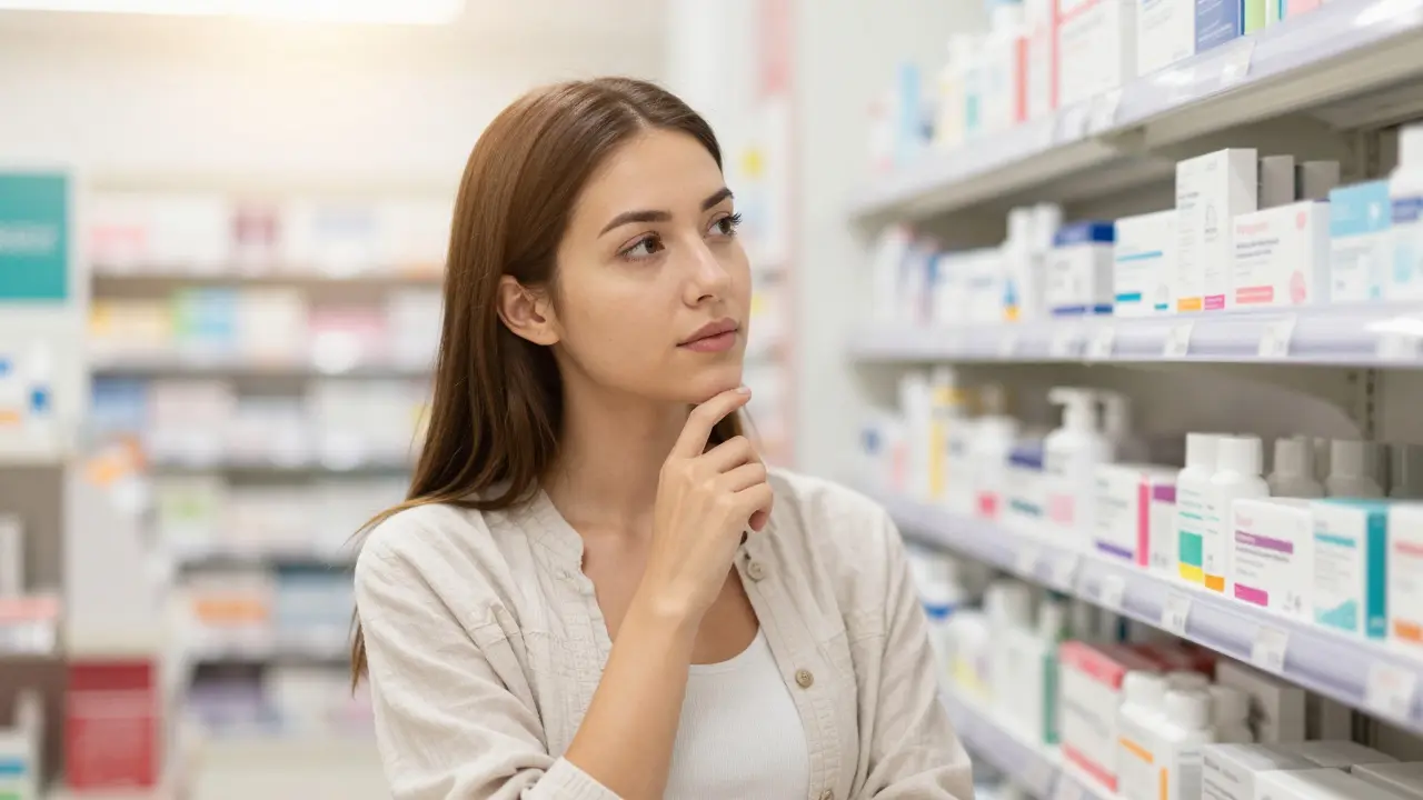 Žena vybírající probiotika a intimní hygienu v prosvětleném obchodě.