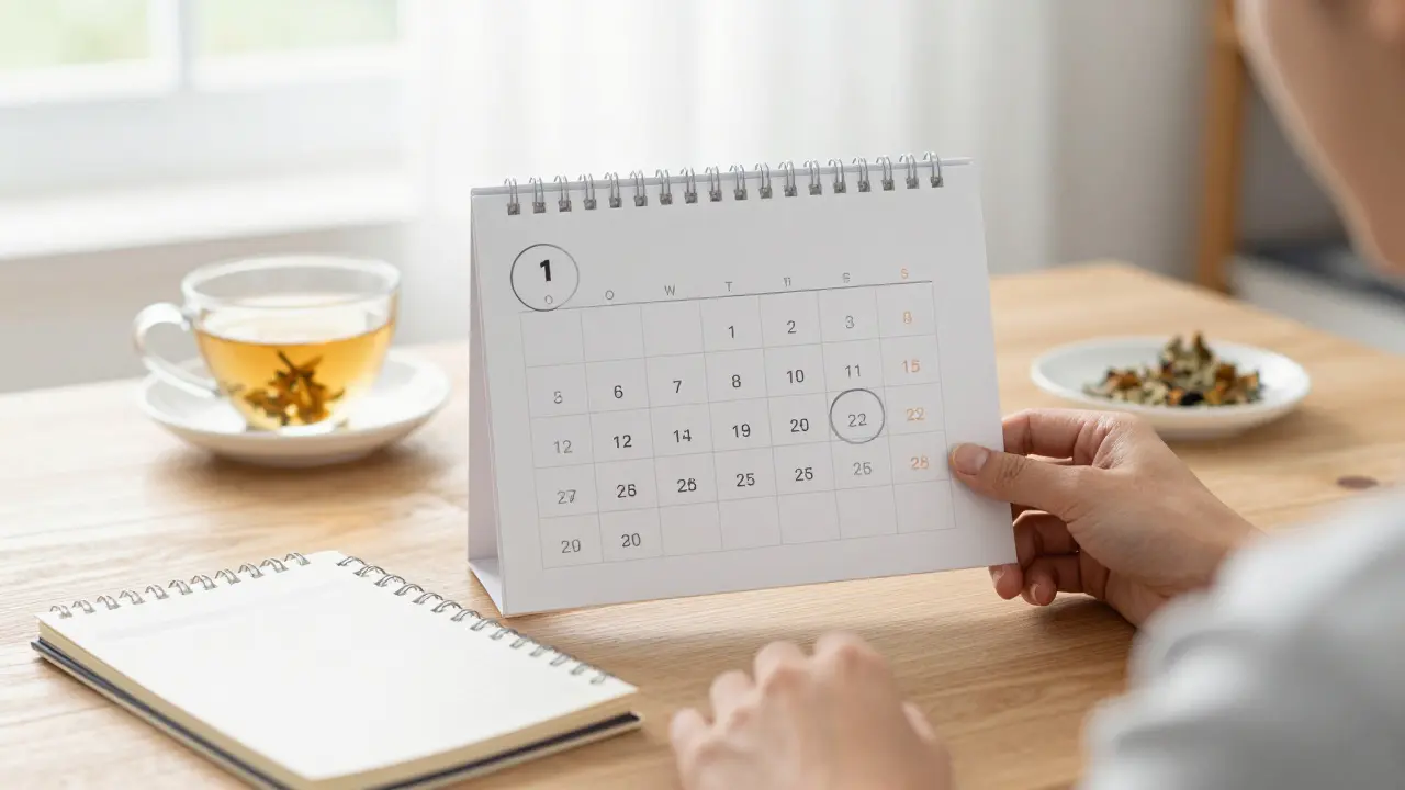 Ženská ruka s kalendářem a zápisníkem pro sledování zdraví v domácím prostředí.