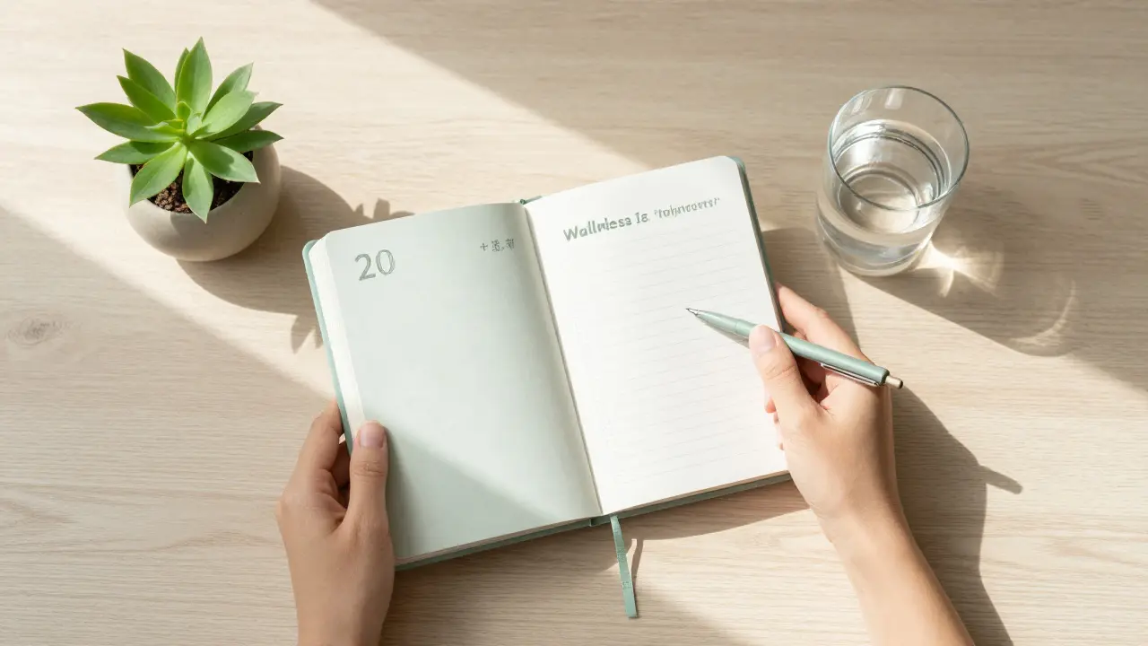 Ženský plánovač zdraví a zelená rostlina jako symbol pravidelné prevence a péče o sebe.