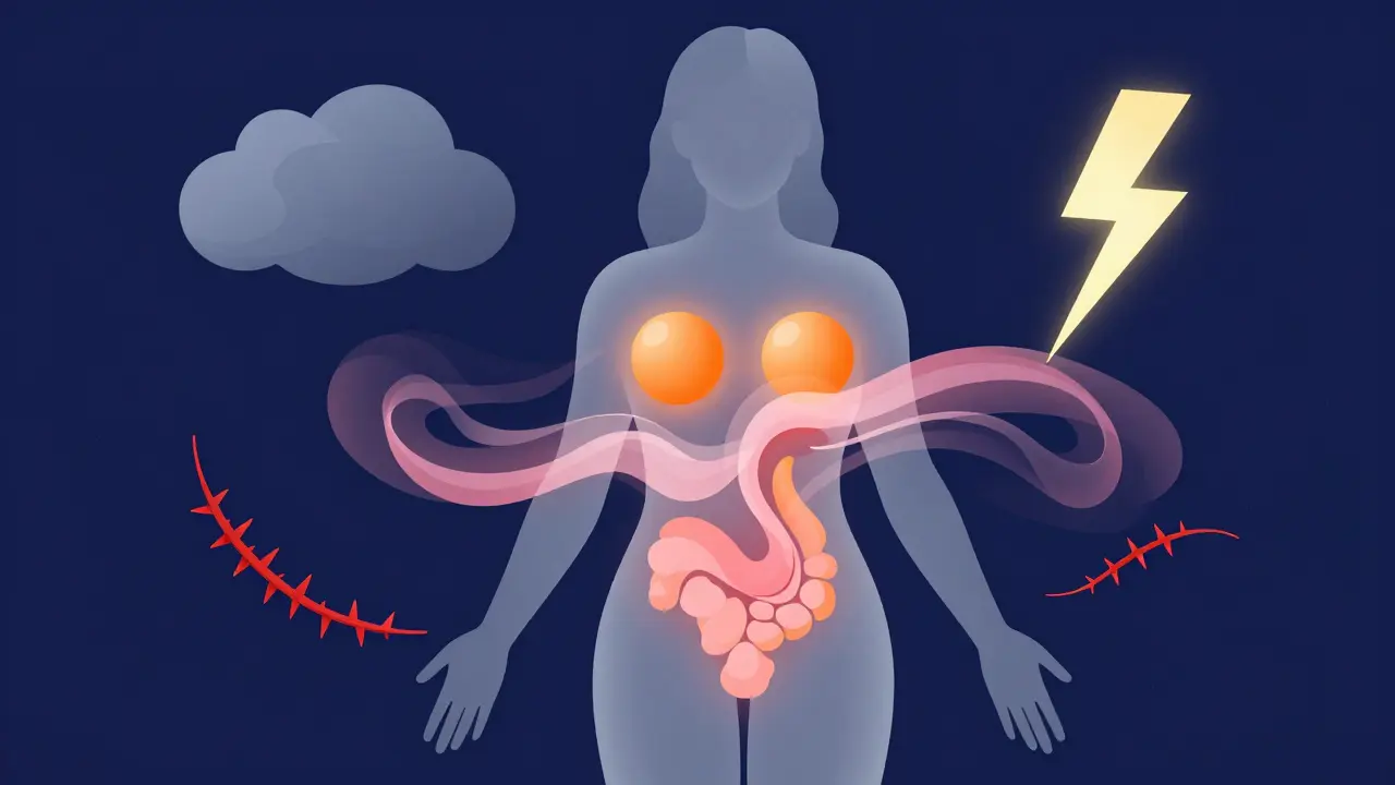 Abstraktní ilustrace hormonálních změn a příznaků před menstruací