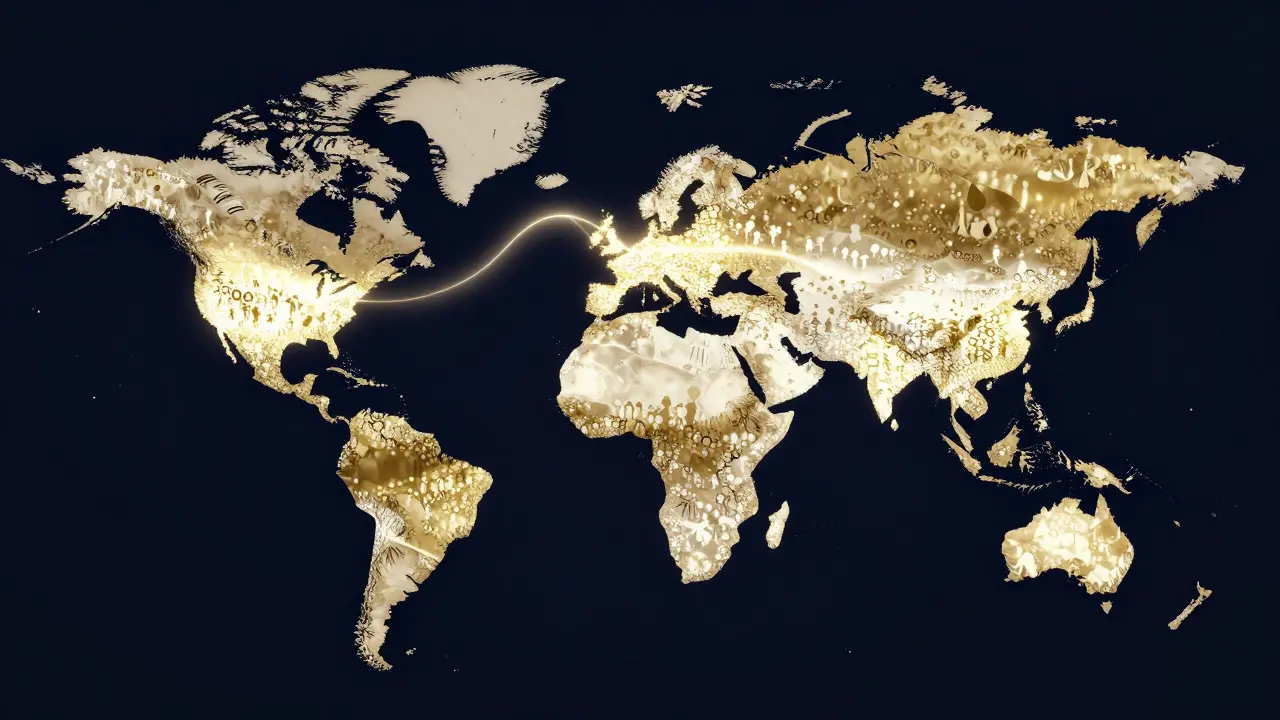 Abstraktní mapa světa zobrazující globální rozložení počtu narozených
