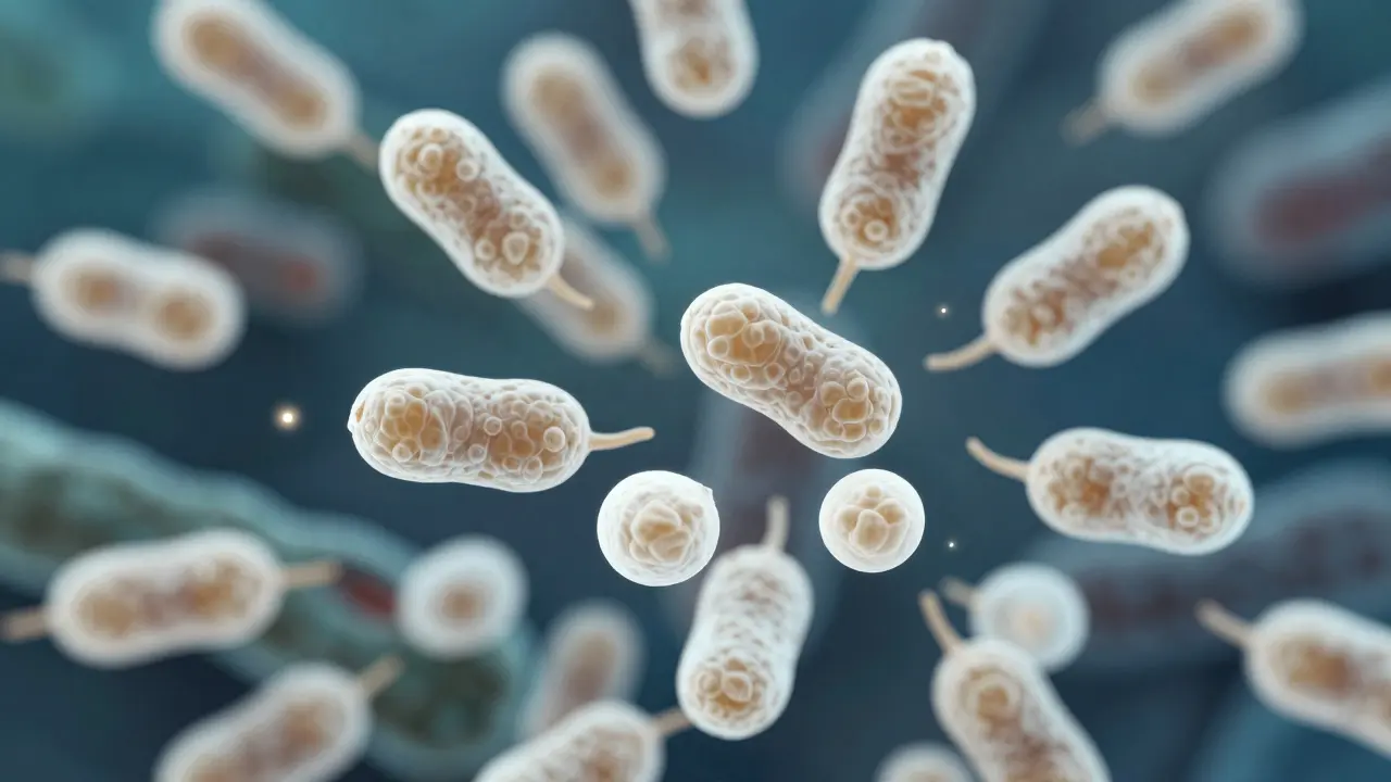 Abstraktní zobrazení množících se kvasinek Candida pod mikroskopem.