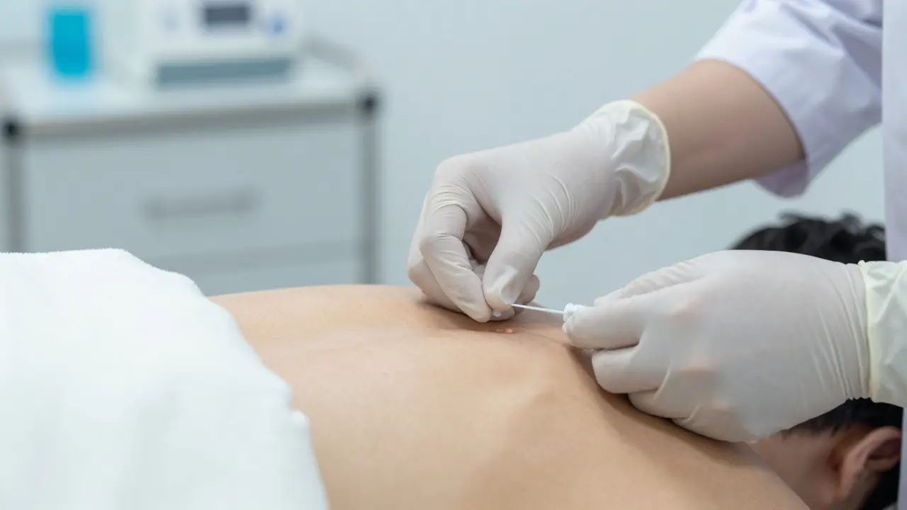 Anesteziolog aplikuje epidurální analgezii s péčí a přesností.