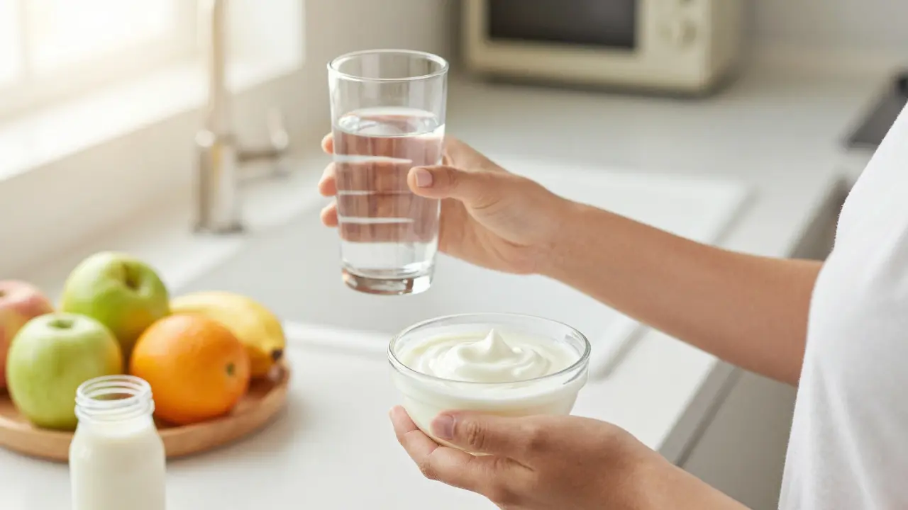 Člověk pije vodu a drží jogurt pro prevenci recidiv infekce