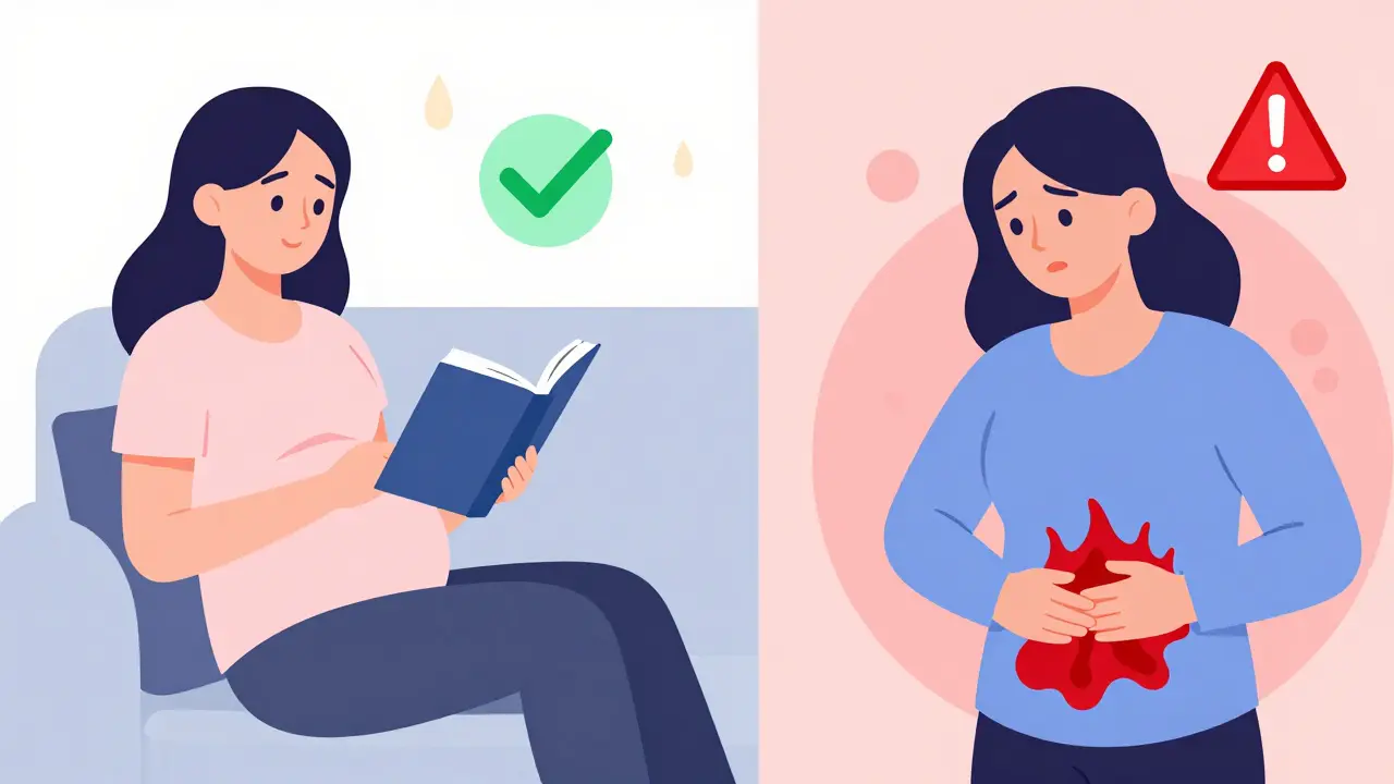 Ilustrace porovnávající normální stav a varovné příznaky před porodem.