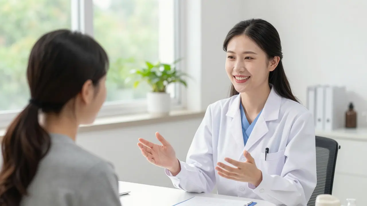 Přátelská gynekoložka vysvětluje pacientce diagnostiku v jasně osvětlené ordinaci