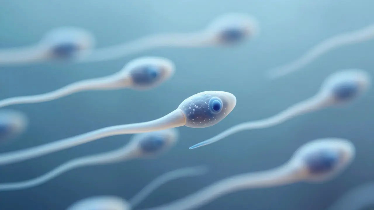 Spermie plující skrze průhledný cervikální hlen pod mikroskopem
