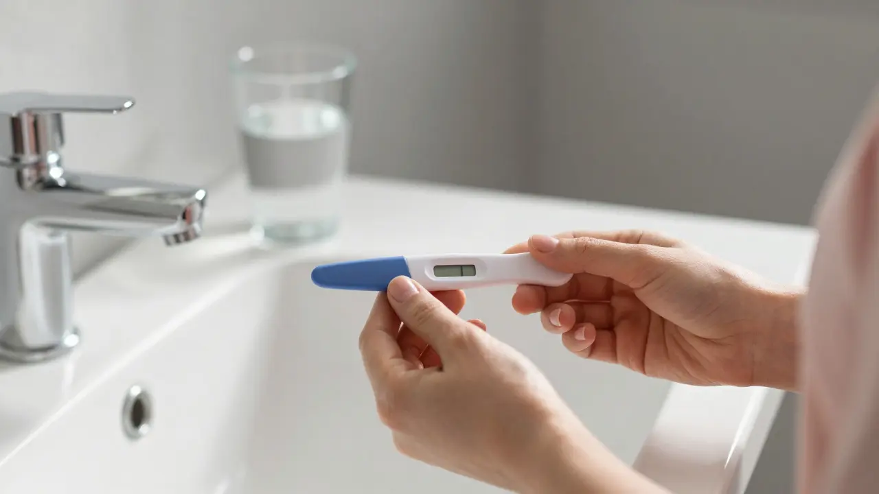 Žena drží těhotenský test v koupelně za ranního světla