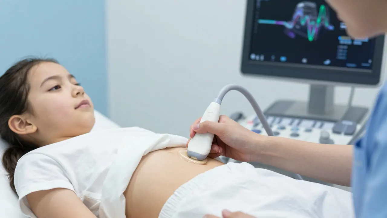 Dívka podstupuje bezbolestný ultrazvuk břišní dutiny