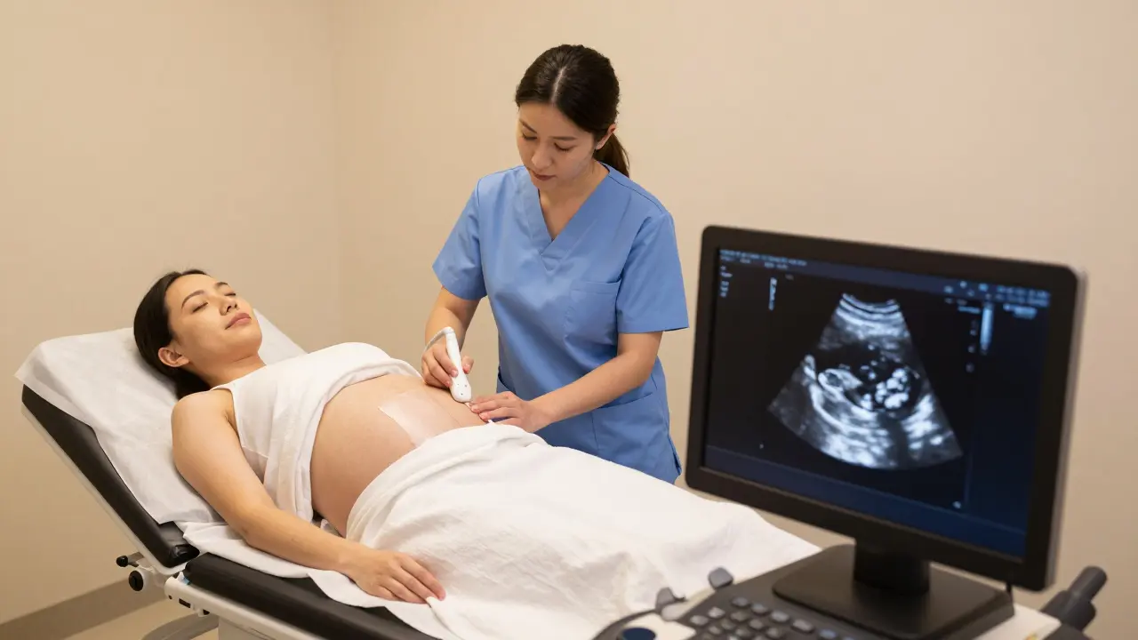 Gynekolog provádí ultrazvuk břicha těhotné ženy na klinice