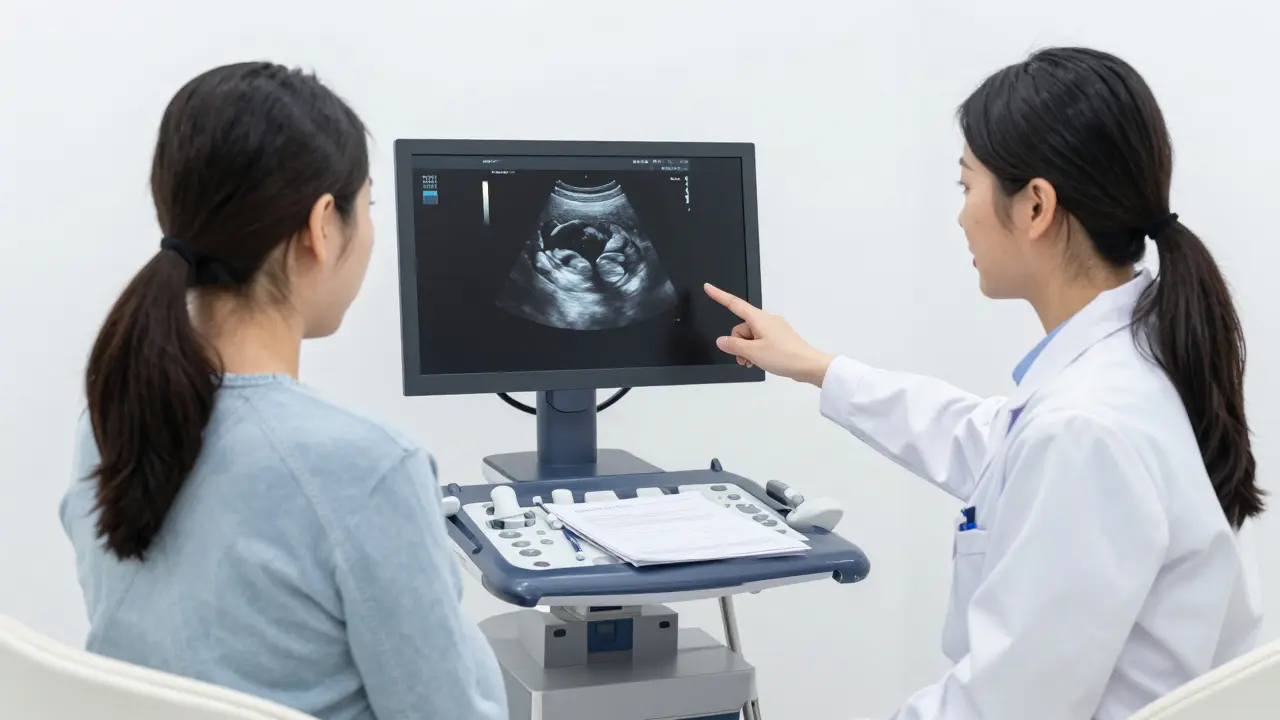 Gynekolog ukazuje ultrazvuk pacientce