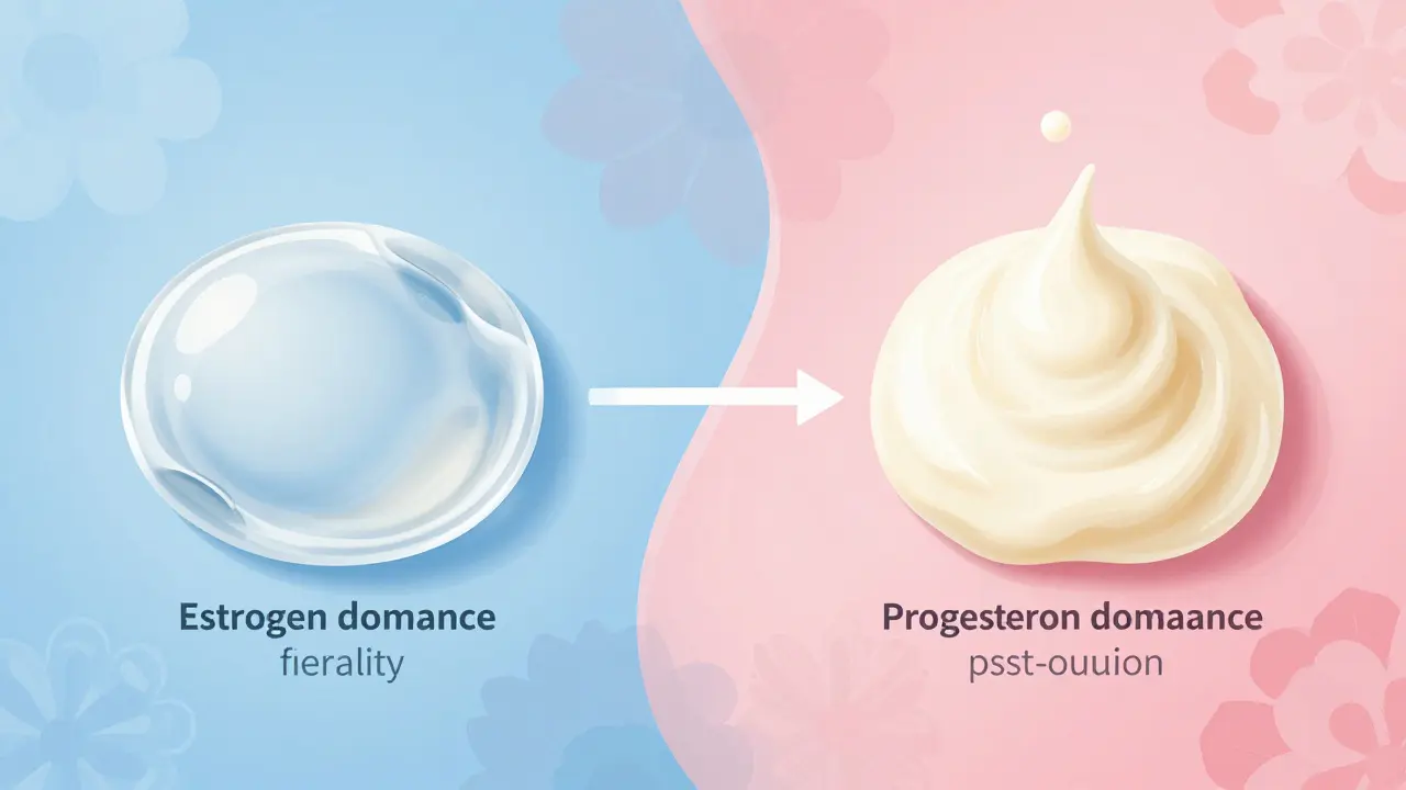 Ilustrace změn cervikálního hlenu během menstruačního cyklu