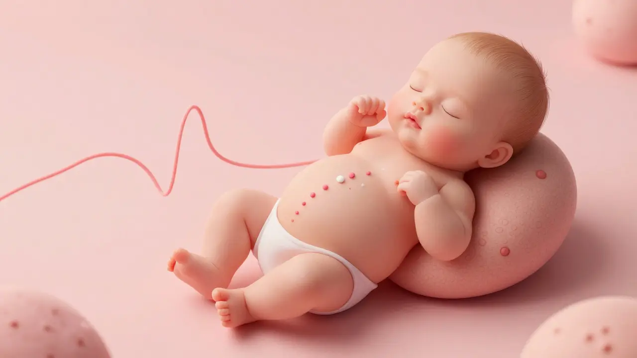 Ilustrační schéma hormonální komunikace mezi placentou a plodem při spouštění porodu, vizualizující uvolňování kortizolu a oxytocinu v teplých pastelových barvách.