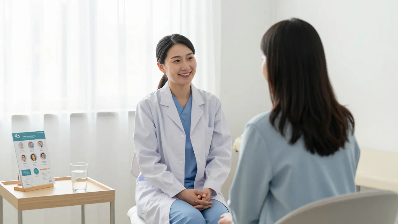Přátelský rozhovor mezi gynekoložkou a pacientkou v ordinaci
