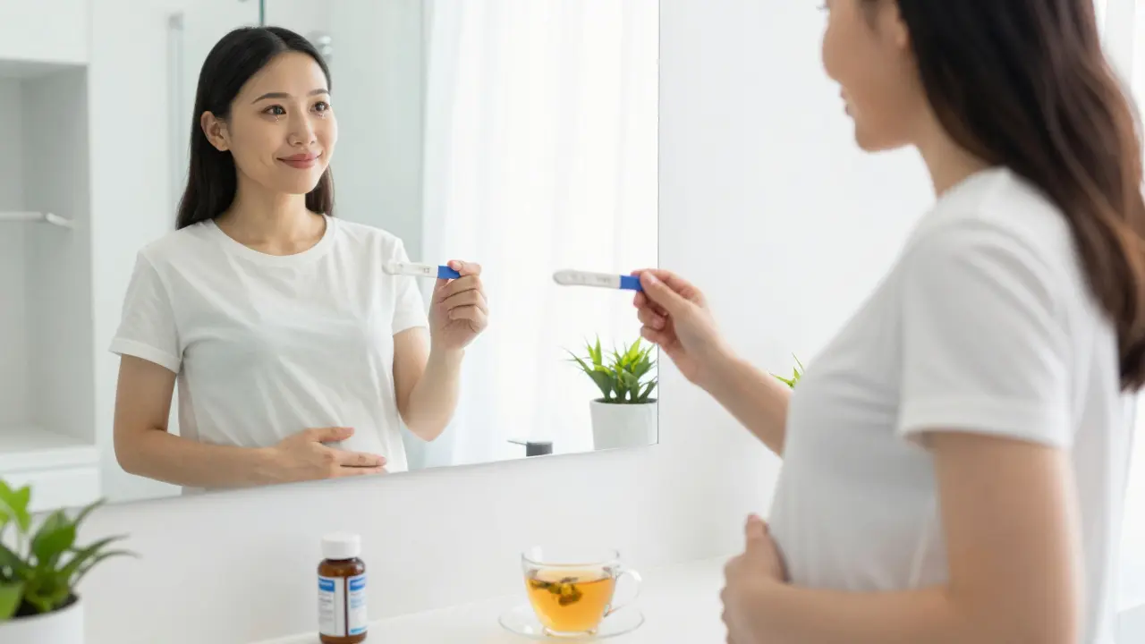 Těhotná žena se slzami radosti drží pozitivní test