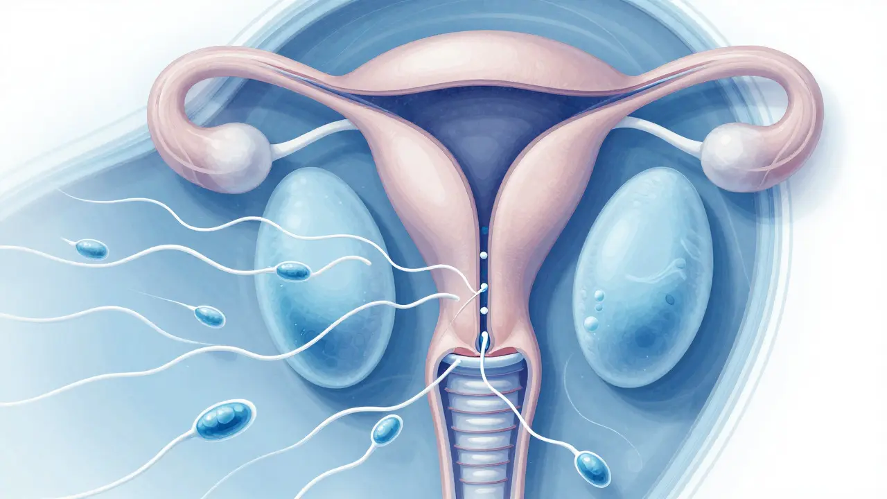 Lékařská ilustrace spermií a reprodukční anatomie muže