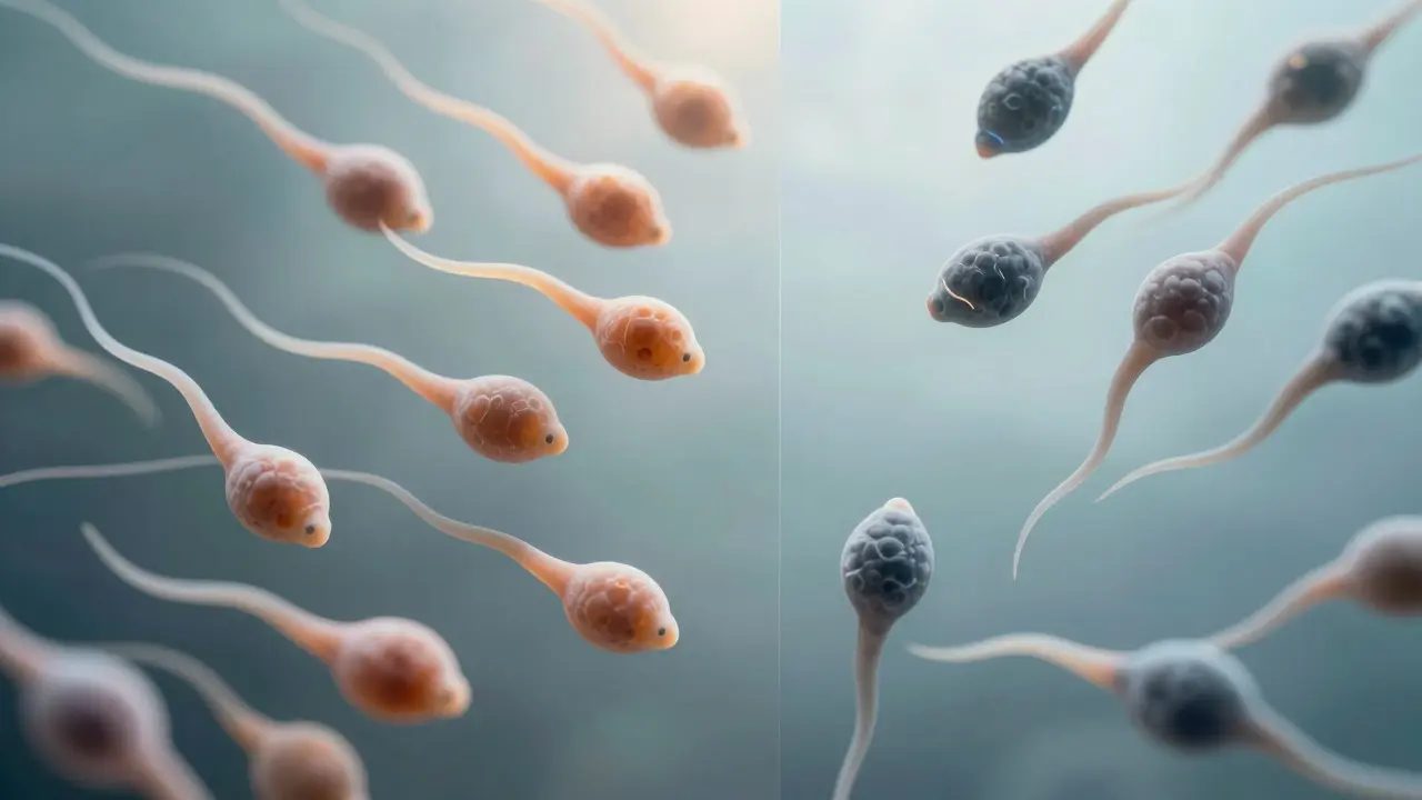 Makro záběr ukazující rozdíl mezi zdravými a poškozenými spermiemi