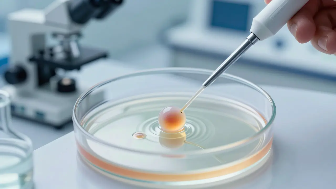 Makrofotografie oplodnění vajíčka spermie v laboratoři