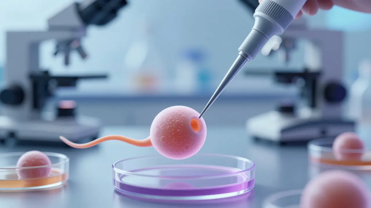Mikroskopický záběr injekce spermie do vajíčka při léčbě IVF