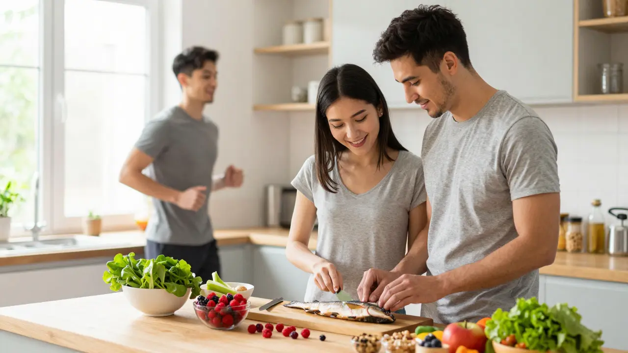 Pár připravuje zdravé jídlo bohaté na antioxidanty pro plánování rodiny