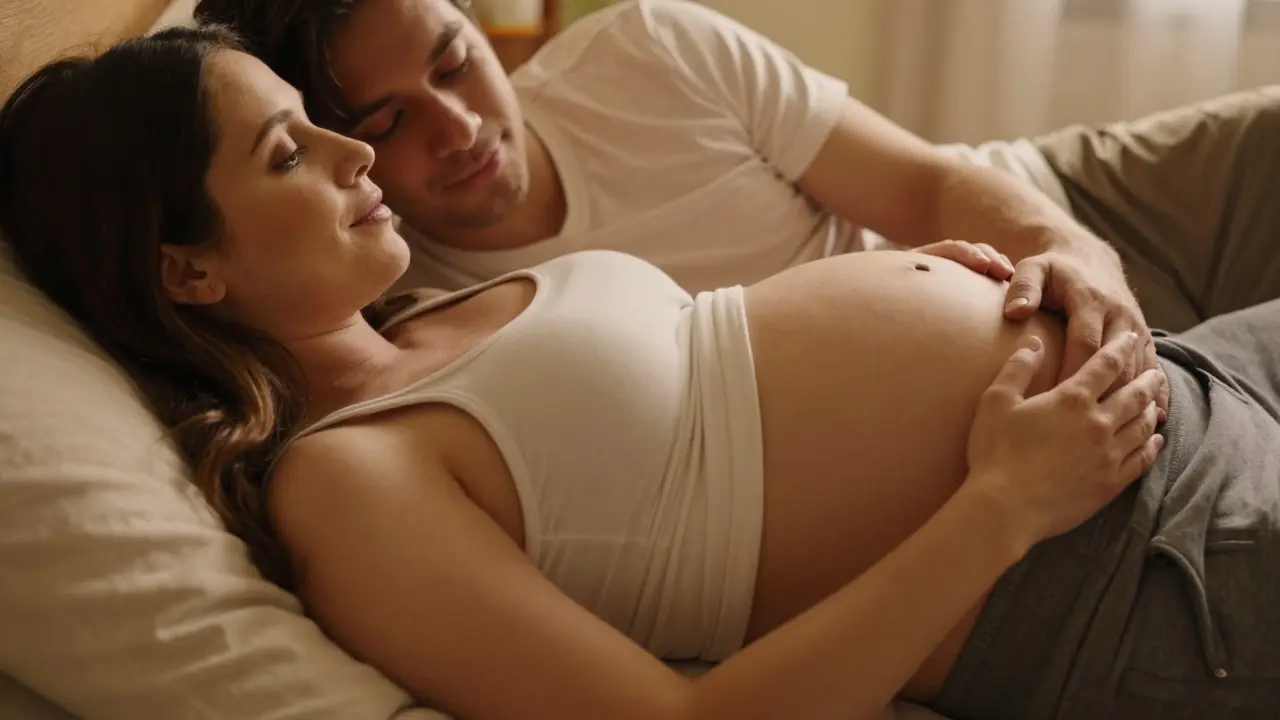 Těhotná žena a partner v pohodlné poloze na boku v posteli
