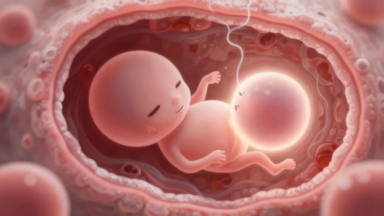 Abstraktní ilustrace implantace embrya do dělohy