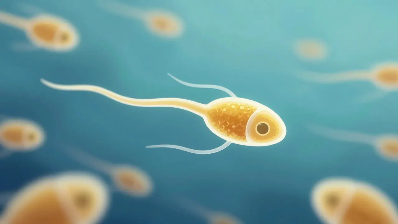 Abstraktní ilustrace pohyblivého spermie obklopeného energetickými částicemi