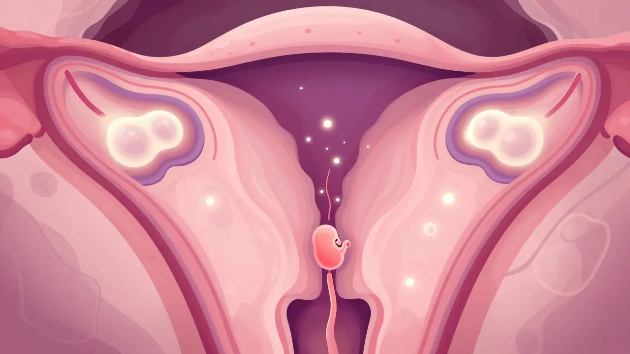 Ilustrace procesu uhnízdění embrya do stěny dělohy s vizualizací hormonů