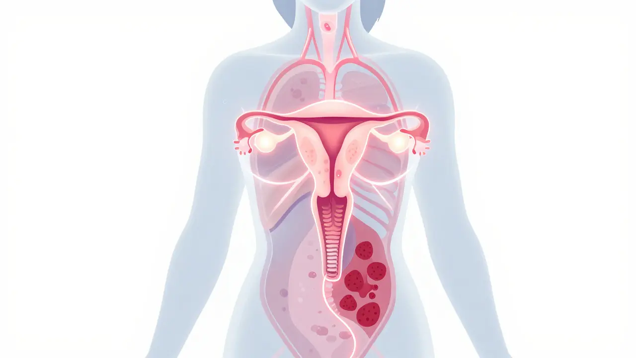 Ilustrace ženského reprodukčního systému s hormonálními faktory