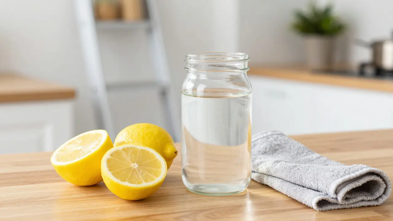 Přírodní čistící prostředky jako ocet a citron na kuchyňském pultu