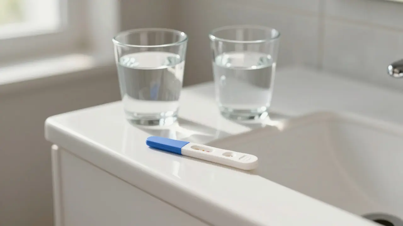 Těhotenský test a doplňky stravy na koupelnovém pultu ve ranním světle.