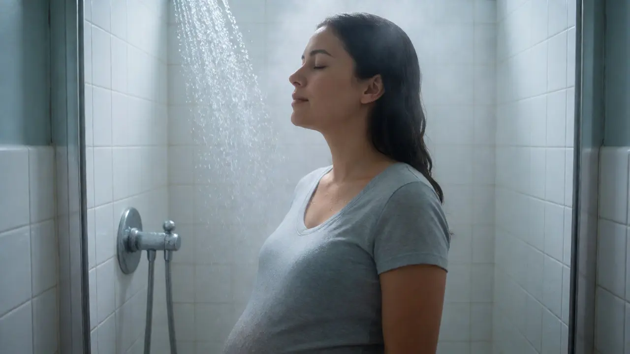 Těhotná žena si ulevuje ve teplé sprše, aby zmírnila napětí břišních svalů.
