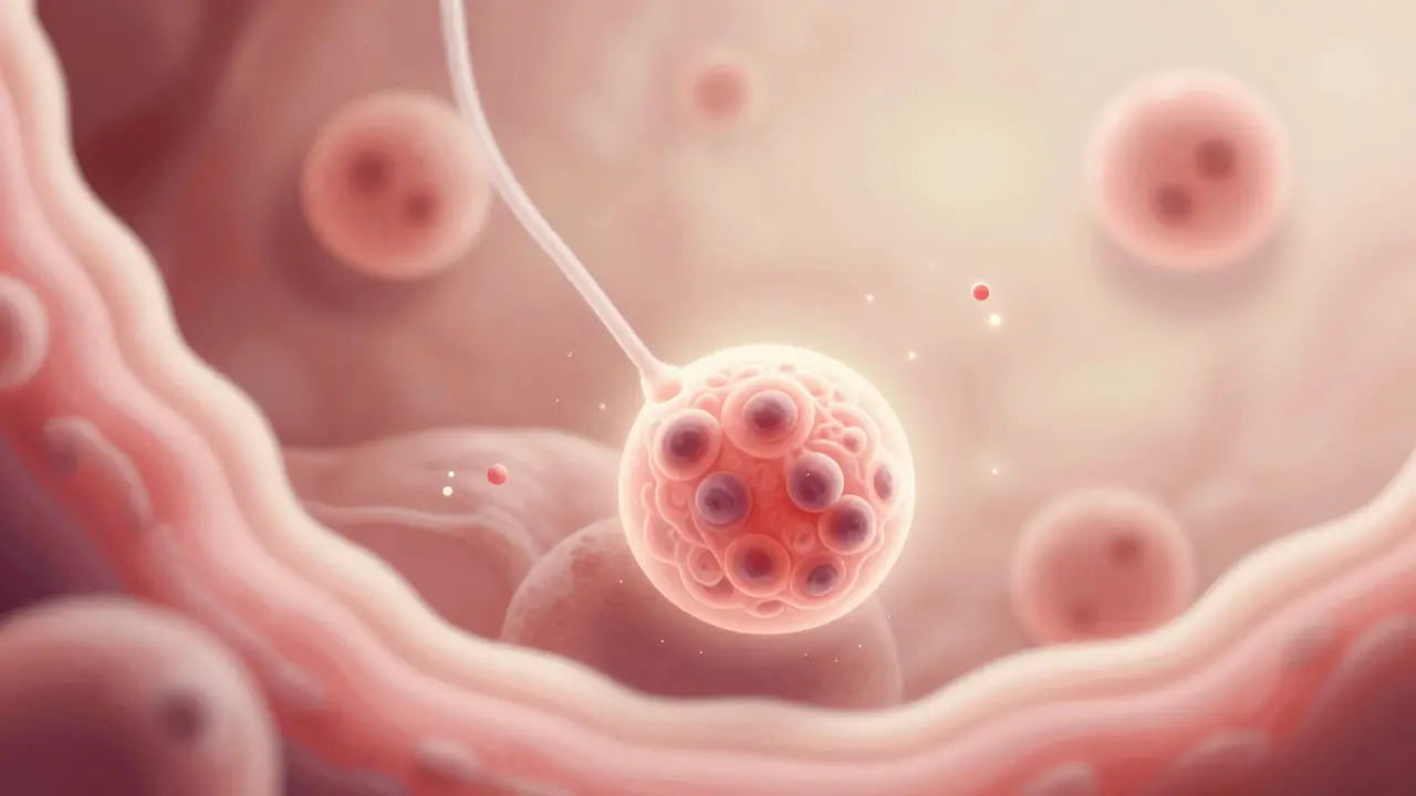 Umělecká ilustrace procesu vnícení embrya do dělohy s jemnými hormonálními signály.
