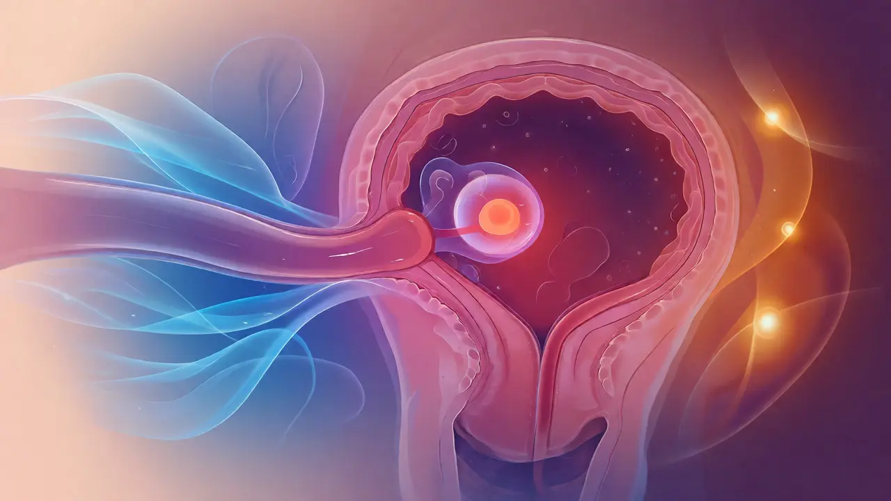 Konceptuální ilustrace dělohy s embryem a abstraktními vlnami hormonů v jemných pastelových barvách.