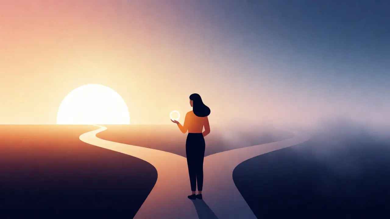 Konceptuální ilustrace ženy na křižovatce životních cest spojených s plánováním rodiny.