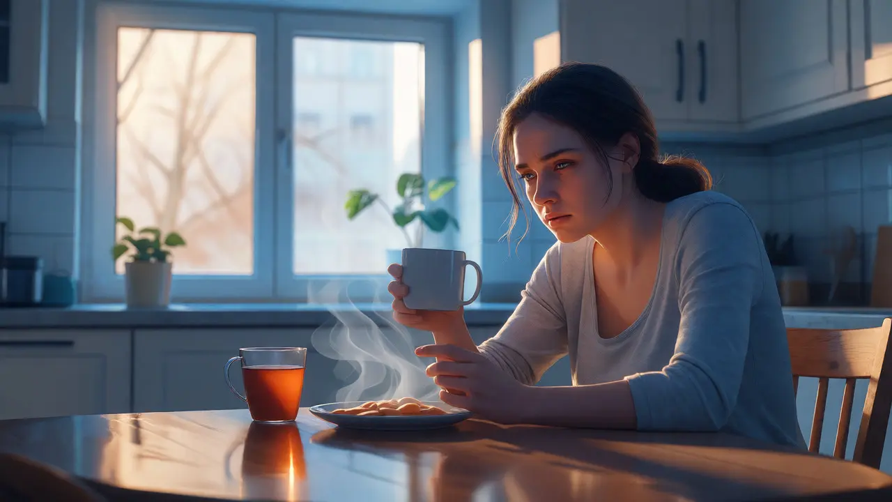 Unavená těhotná žena sedí u stolu s čajem a vyhýbá se jídle kvůli nevolnosti.